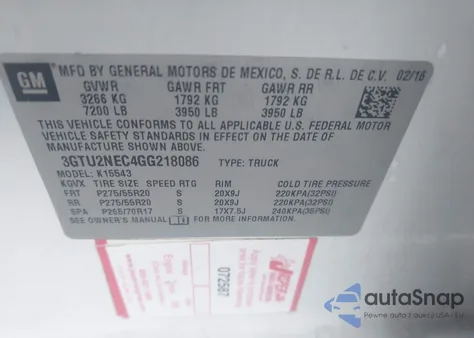 2016 GMC Sierra 1500 Slt из США, поврежденный, VIN 3GTU2NEC4GG218086